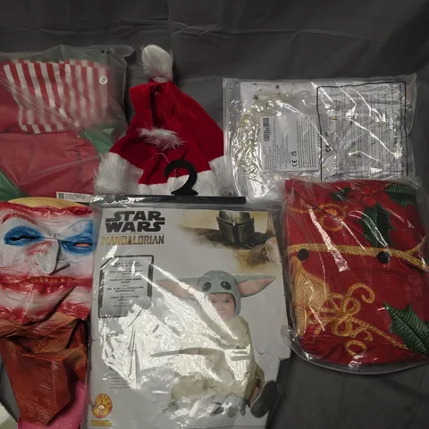 LOT OF ASSORTED FANCY DRESS ITEMS TO INCLUDE ELF COSTUME, CLOWN MASK AND BABY YODA OUTFIT