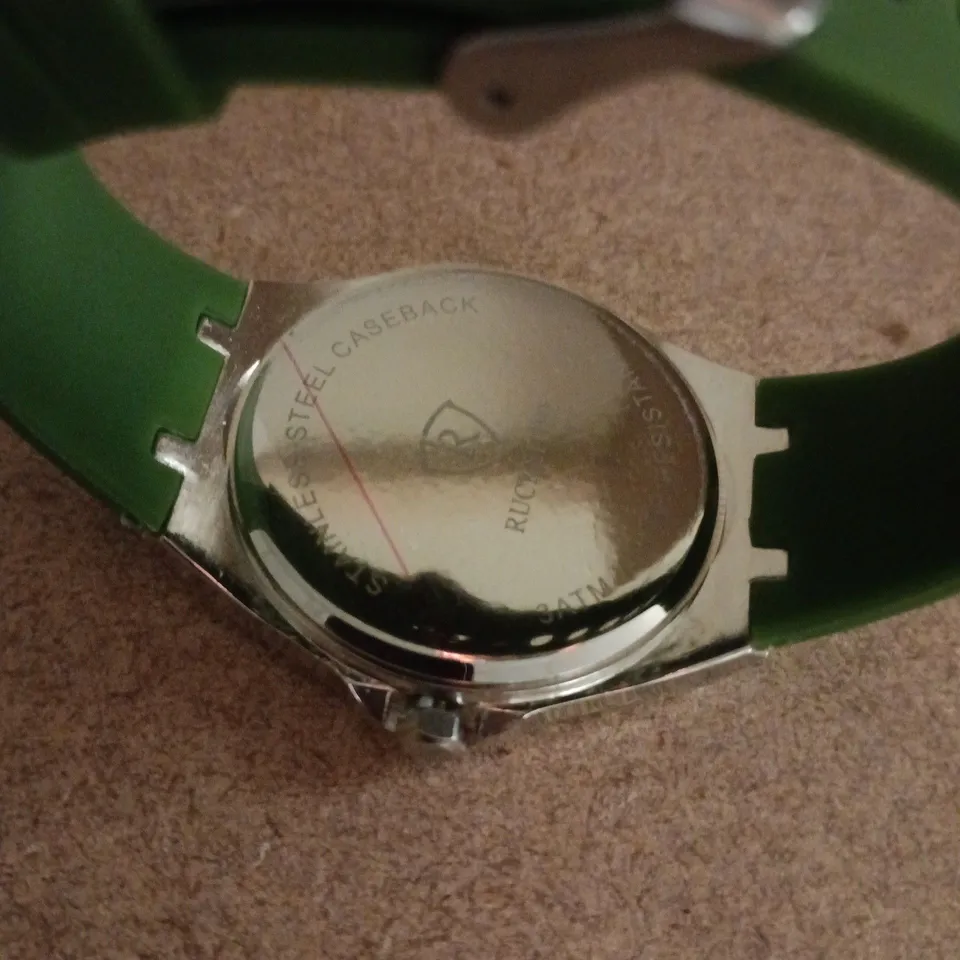 RUCKSTUHL SILVER COLOUR WRISTWATCH WITH GREEN RUBBER STRAP & DIAL