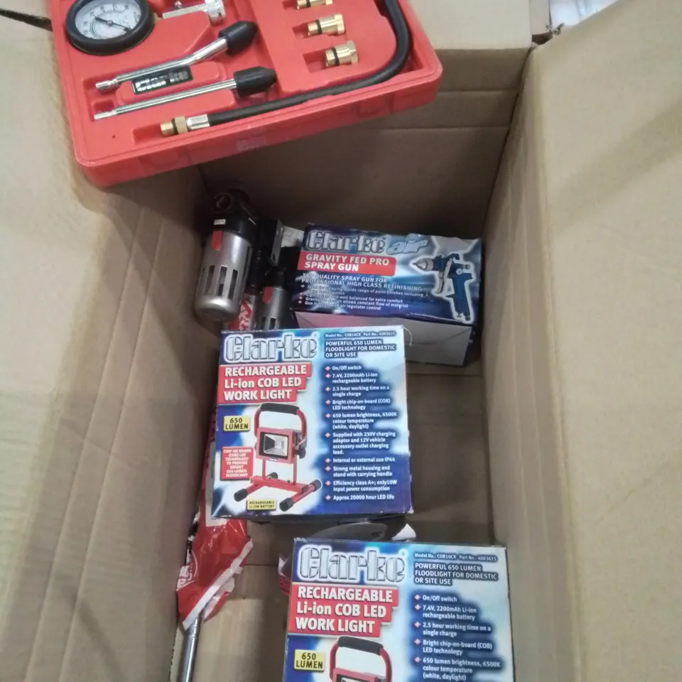 BOX OF MIXED TOOLS TO INCLUDE: X2 RECHARGEABLE LI-ION COB LED WORK LIGHTS, GRAVITY FED PRO SPRAY GUN AND COMPRESSION TESTING KIT.