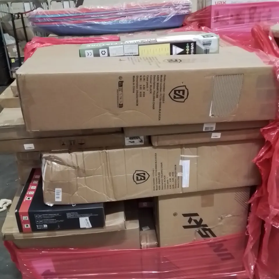 PALLET CONTAINING VARIOUS ASSORTED BOXED HOUSEHOLD ITEMS TO INCLUDE: BATHROOM MIRRORS,  FOLDING CHAIR, COOKWARE SET, AQUARIUM LIGHTS AND LOTS MORE UNMARKED BOXED ITEMS 