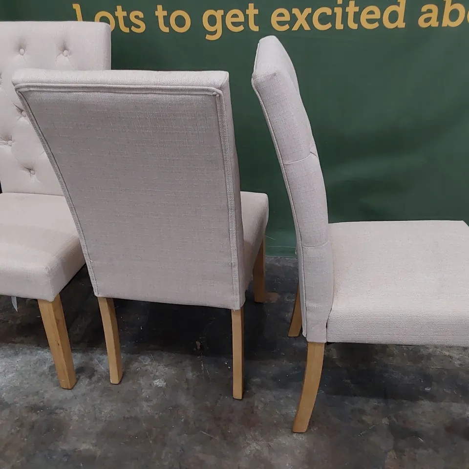 SET OF SIX UPHOLSTERED BUTTONED BACK DINING CHAIRS BEIGE FABRIC ON NATURAL WOOD LEGS 