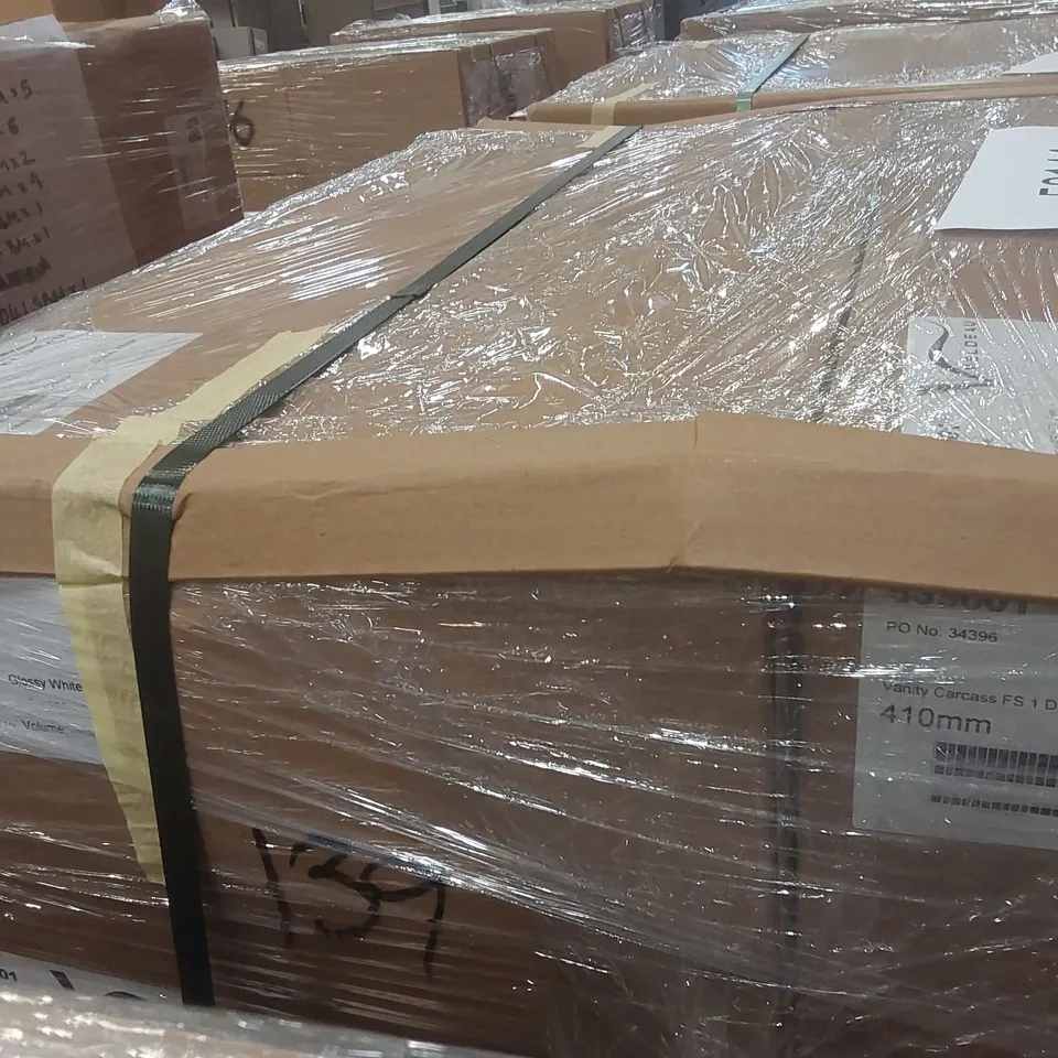 PALLET CONTAINING A LARGE QUANTITY OF ASSORTED BATHROOM FURNITURE PARTS INCLUDING: VELDEAU VANITY CARCASSES ECT