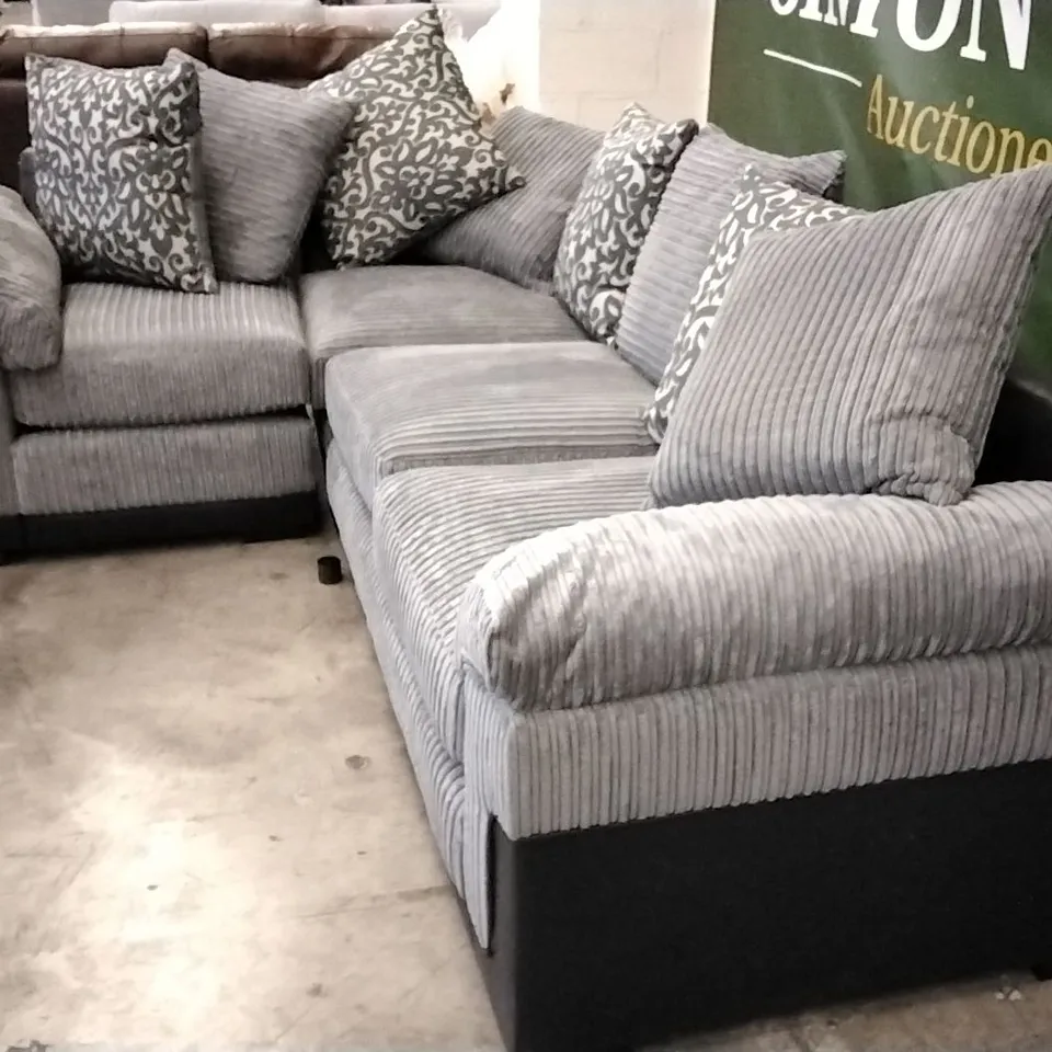 QUALITY DESIGNER PHOENIX LH DOUBLE ARM CORNER GROUP SOFA - BLACK LEATHER/GREY FABRIC 