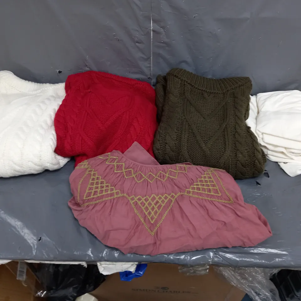 BOX OF APPROXIMATELY 10 ASSORTED PIECES OF CLOTHING IN VARIOUS STYLES, SIZES, AND BRANDS 