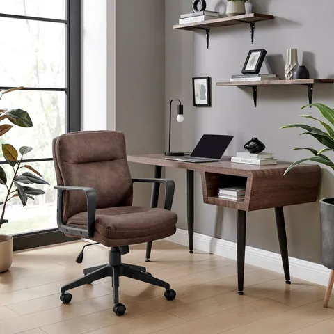BOXED ROSCO FAUX LEATHER SWIVEL OFFICE CHAIR - BROWN/BLACK LEGS (1 BOX)