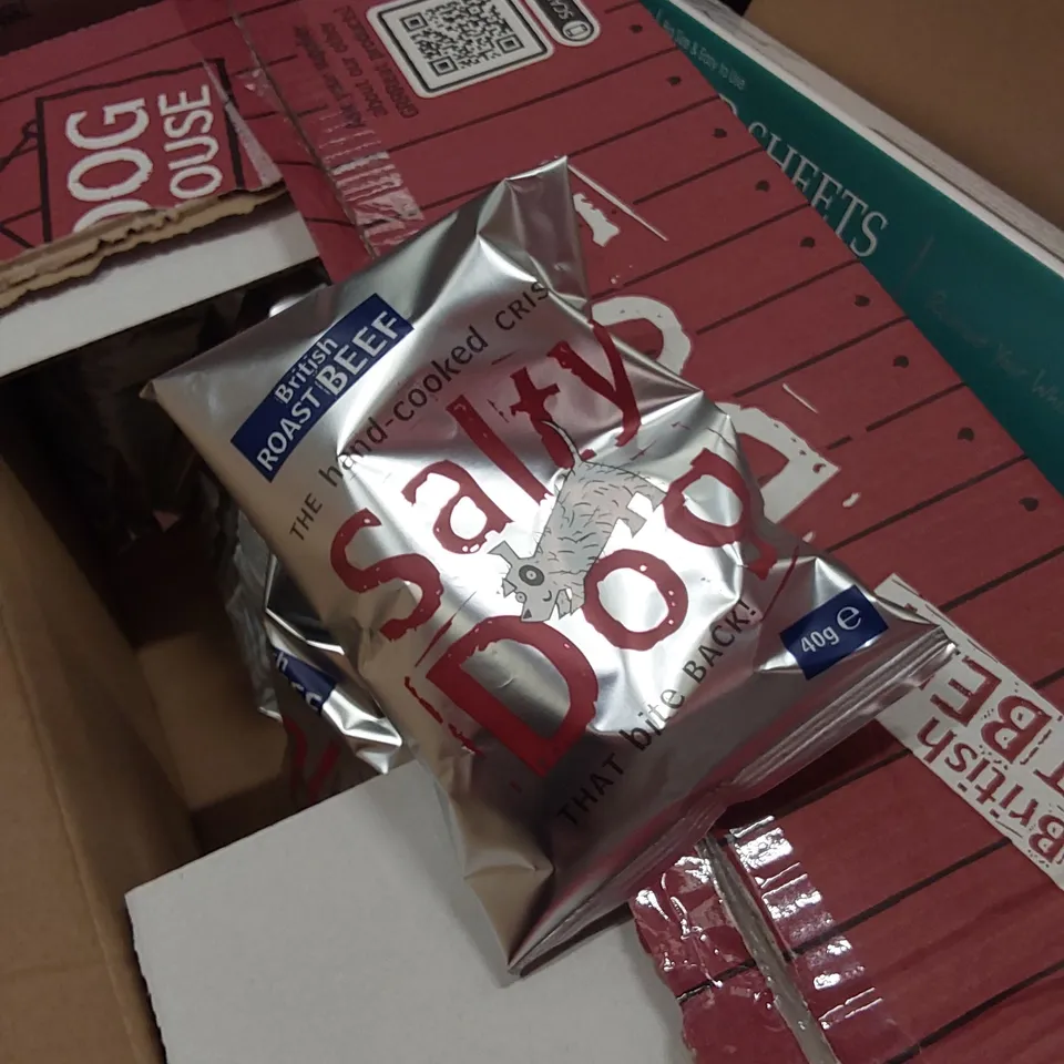 PALLET TO CONTAIN AN ASSORTMENT OF HOUSEHOLD ITEMS TO INCLUDE; BOXES OF SALTY DOG CRISPS, SPLIT TYPE ELECTRIC POT, COAT HANGERS, BOXED FURNITURE ETC