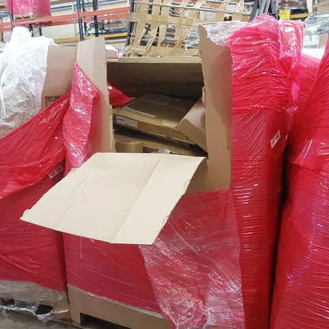 PALLET OF ASSORTED HOUSEHOLD ITEMS AND CONSUMER PRODUCTS. INCLUDES; BABY PLAYPEN, TOILET SEATS, AIR FRYER, BOXED FURNITURE ETC