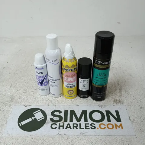 APPROXIMATELY 15 ASSORTED AEROSOLS TO INCLUDE SENSET SKIN CLEANSING FOAM, TRESEMME FIRM HOLD HAIRSPRAY, ACQUA DI PARMA, ETC