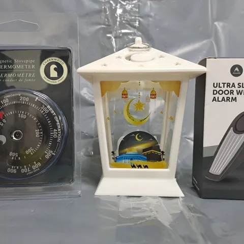 APPROXIMATELY 10 ASSORTED HOUSEHOLD ITEMS TO INCLUDE ULTRA SLIM DOOR WEDGE ALARM, MAGNETIC STOVEPIPE THERMOMETER, ETC