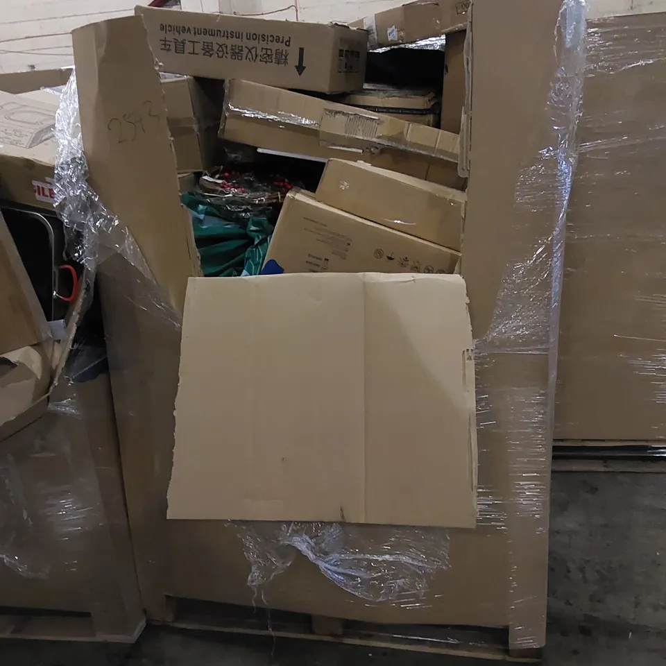 PALLET TO CONTAIN ASSORTED HOUSEHOLD ITEMS AND CONSUMER PRODUCTS. INCLUDING BACKPACK, ELECTRIC UNDER BLANKET, CHRISTMAS DECOR, BOXED FURNITURE ETC