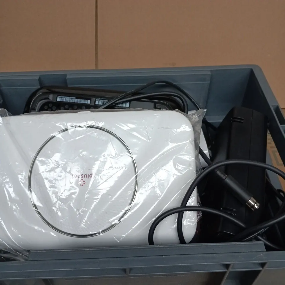 BOX OF APPROXIMATELY 10 ASSORTED GOODS INCLUDING PLUSNET AND SKY WIFI ROUTERS AND XBOX 360 AC POWER SUPPLY