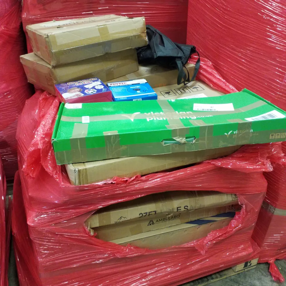 PALLET CONTAINING ASSORTED PRODUCTS INCLUDING METAL WALL DECOR, MILAN MODERN SQUARE THERMOSTATIC SHOWER, FIBERGLASS MEASURING TAPE & GLITTER TATTOO KITS FOR KIDS