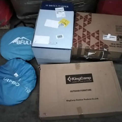 PALLET OF ASSORTED ITEMS INCLUDING KINGCAMP OUTDOOR FURNITURE, SUBRTEX TOPPER 3" GEL INFUSED MEMORY FOAM TOPPER, HOMALL GAMING CHAIR, BFULL POPUP TENT, FOLDABLE OFFICE CHAIR