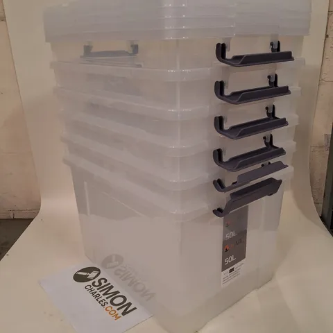 LOT OF 6 AL AJAL 50L PLASTIC STORAGE BOXES WITH 4 LIDS