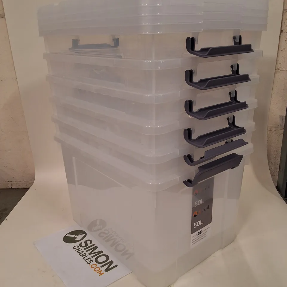 LOT OF 6 AL AJAL 50L PLASTIC STORAGE BOXES WITH 4 LIDS