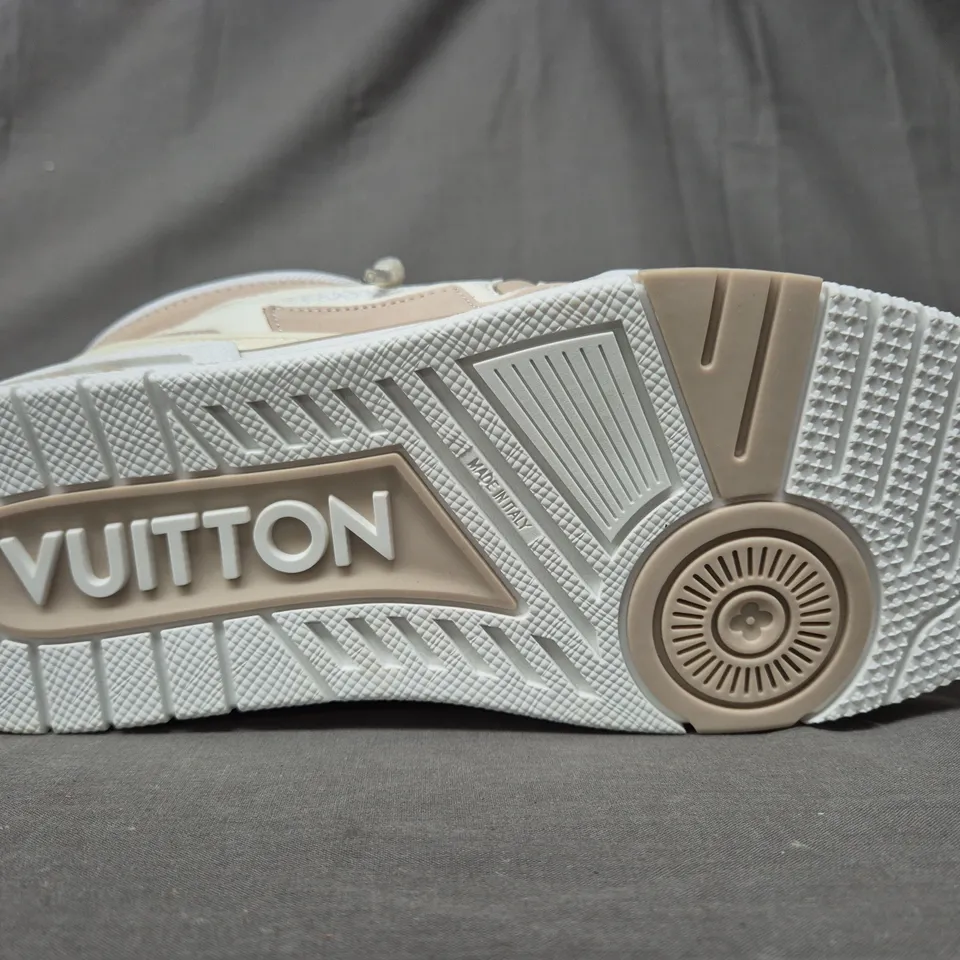 BOXED PAIR OF LOUIS VUITTON SKATE SNEAKERS IN APRICOT/WHITE UK SIZE 8