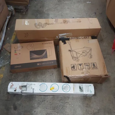 PALLET OF ASSORTED ITEMS INCLUDING: LED MONITOR, DRYWALL SANDER, CAMPING CART, RETRACTABLE SAFETY GATE ECT