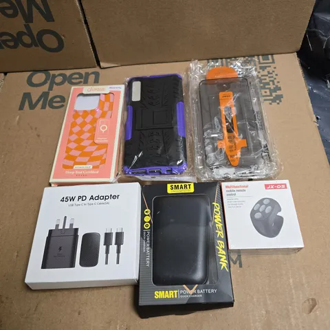 TOTE OF APPROXIMATELY 20 ASSORTED ITEMS TO INCLUDE PHONE CASES, 45W PD ADAPTER, POWER BANK ETC