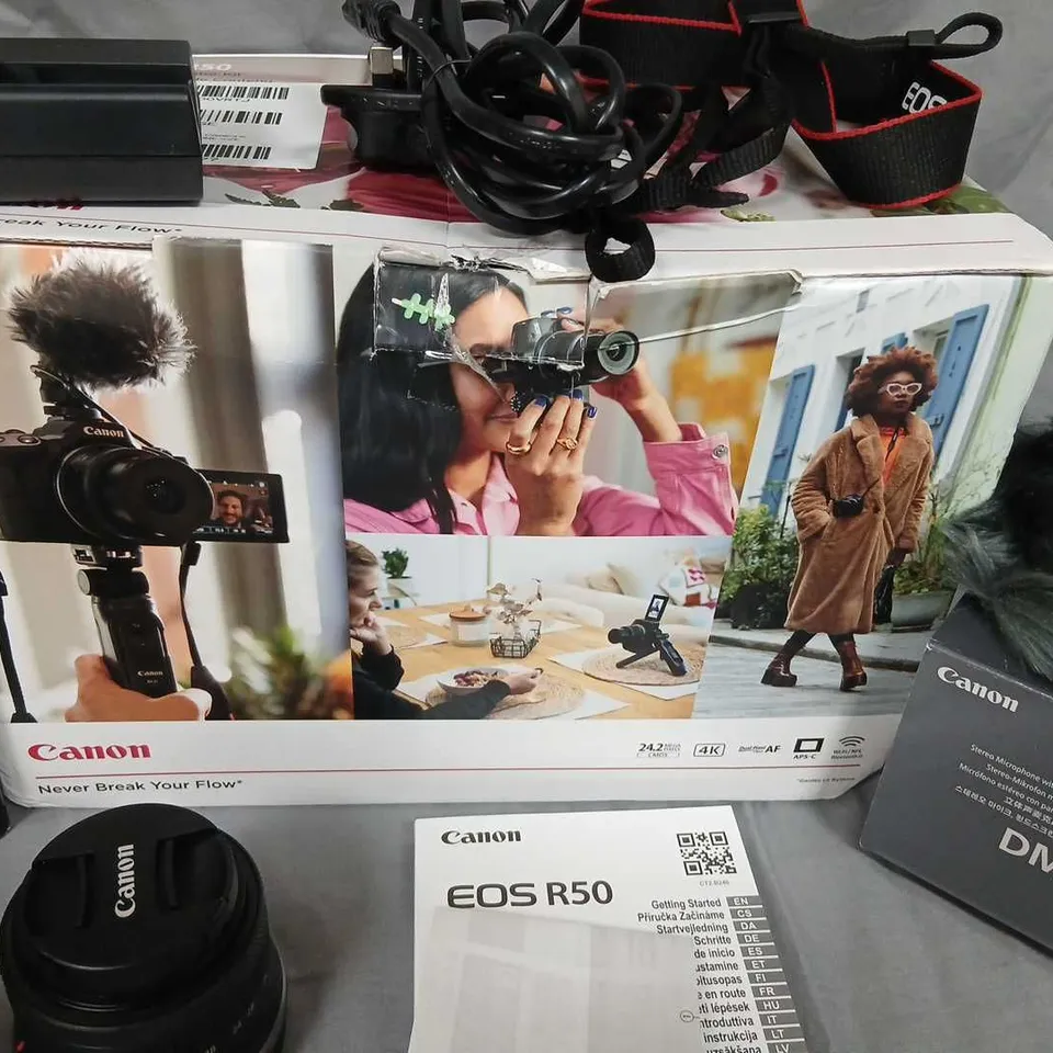 CANON EOS R50 DIGITAL CAMERA WITH 18-45MM KIT LENS + DM-E100 STEREO MICROPHONE