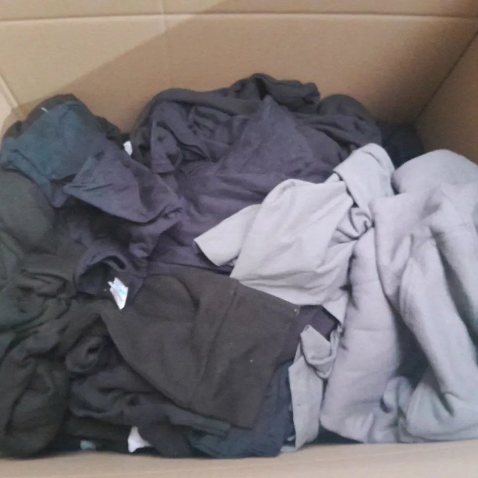 LARGE BOX OF ASSORTED SPORTS CLOTHING ITEMS IN VARIOUS SIZES, COLOURS AND STYLES