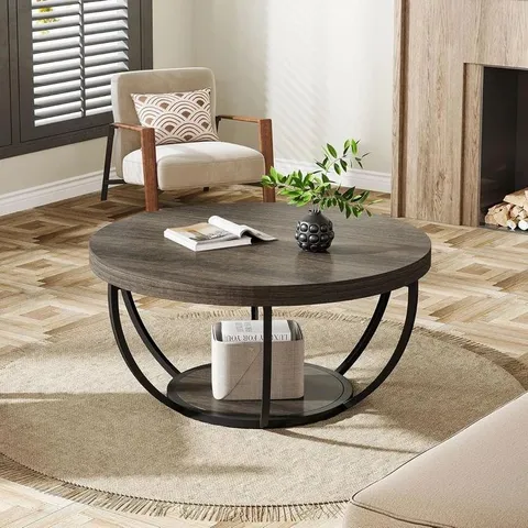 BOXED TRIBESIGNS 31.7-INCH ROUND COFFEE TABLE WITH STORAGE SHELF, CURVED METAL FRAME FOR LIVING ROOM