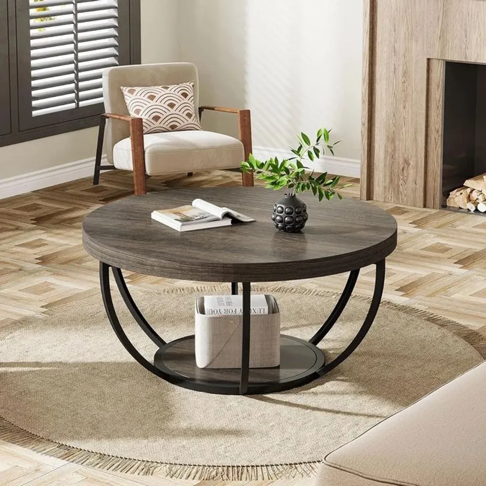 BOXED TRIBESIGNS 31.7-INCH ROUND COFFEE TABLE WITH STORAGE SHELF, CURVED METAL FRAME FOR LIVING ROOM