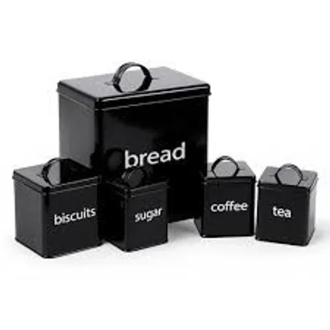 BOXED 5PC BLACK KITCHEN CANISTER SET BREAD BISCUITS TEA SUGAR COFFEE