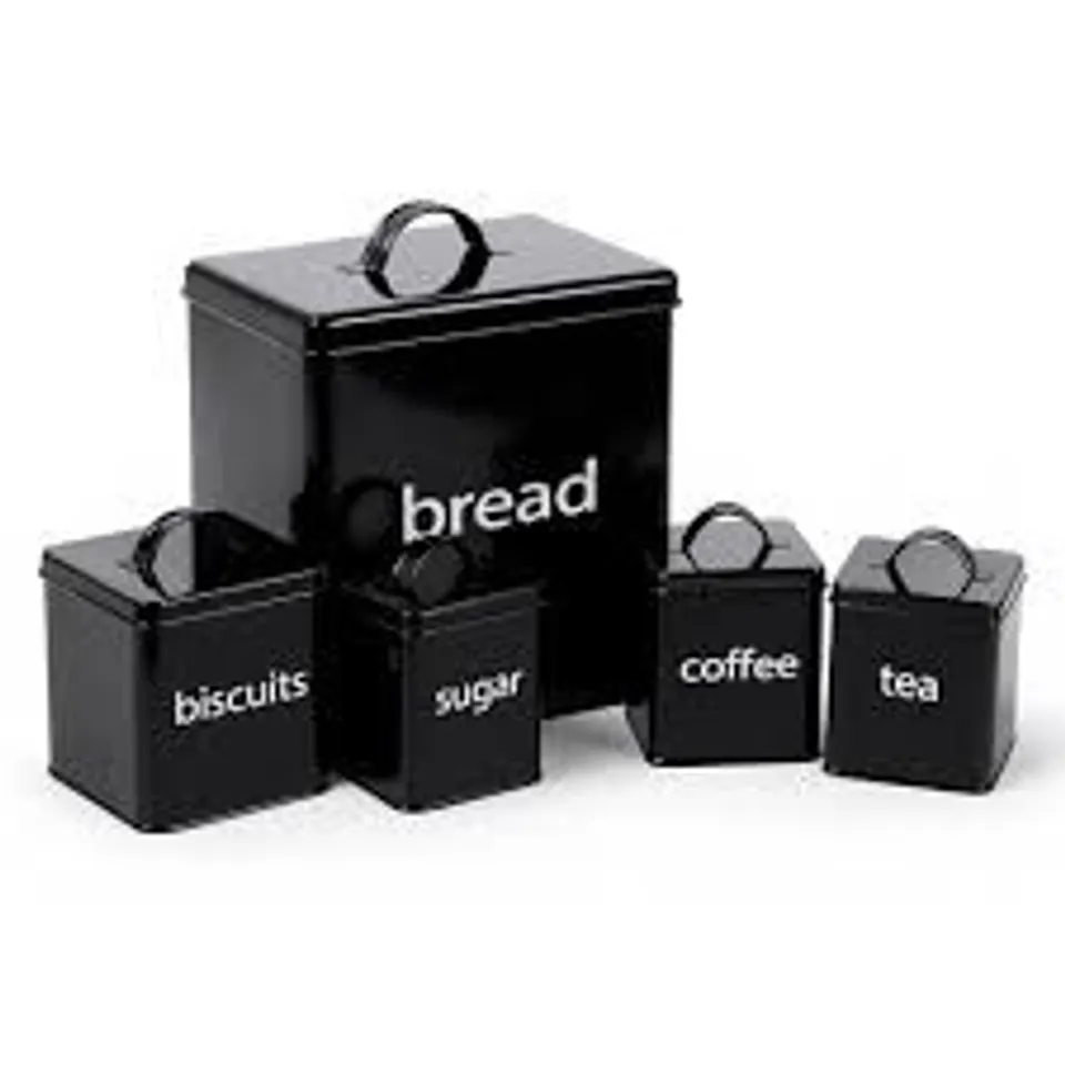 BOXED 5PC BLACK KITCHEN CANISTER SET BREAD BISCUITS TEA SUGAR COFFEE