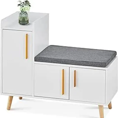 BOXED CLIPOP SHOE STORAGE CABINET, SHOE BENCH WITH PADDED SEAT, WHITE SHOE RACK CABINET FOR HALLWAY, MODERN STORAGE BENCH ADJUSTABLE COMPARTMENT AND WOODEN LEGS 80 X 35 X 70 CM