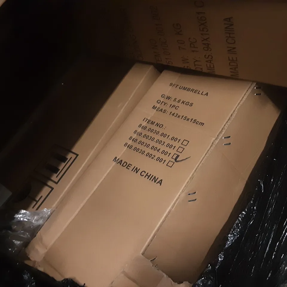PALLET OF ASSORTED PRODUCTS INCLUDING 9FT BEIGE OUTDOOR UMBRELLA, TOWER AIR FRYER, N8WERK ALUMINIUM POT AND PAN SET, COMHOMA  