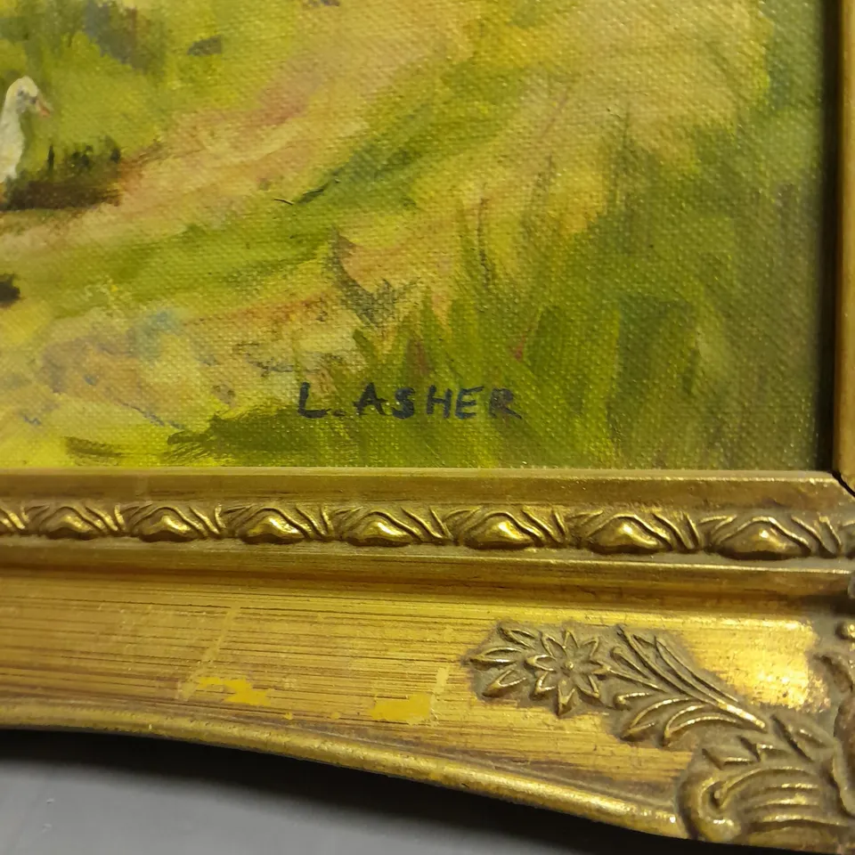 FRAMED FARMHOUSE CANVAS PAINTING SIGNED L.ASHER