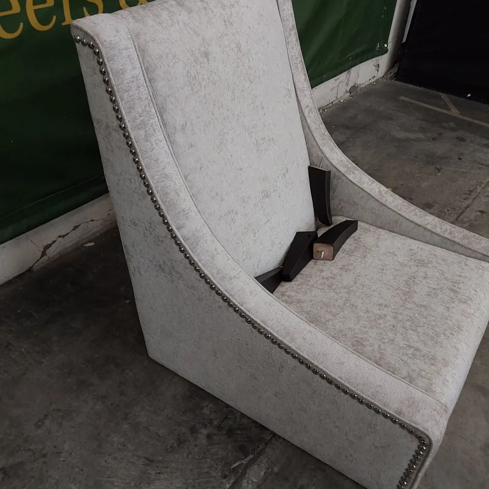 DESIGNER EASY CHAIR SILVER PLUSH FABRIC WITH STUDDED DETAIL 