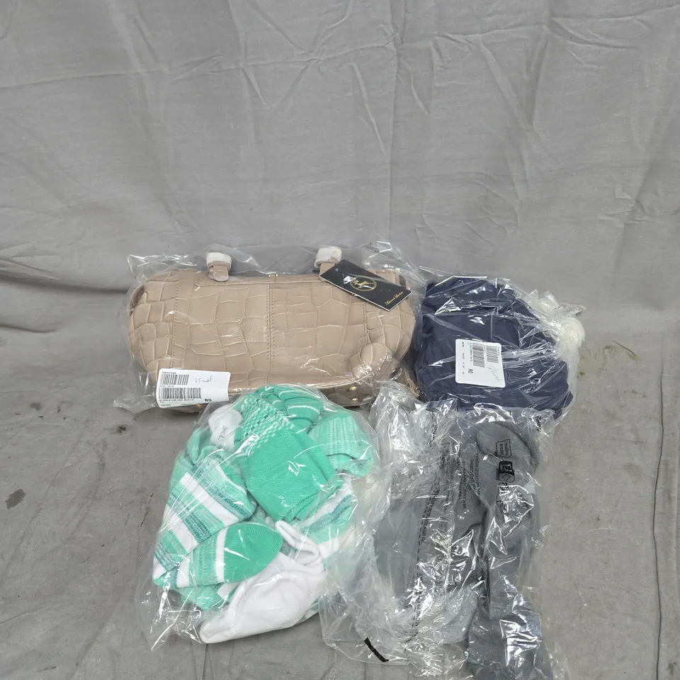 BOX OF APPROXIMATELY 18 ASSORTED CLOTHING ITEMS TO INCLUDE HANDBAG, SOCKS, BLOUSE ETC