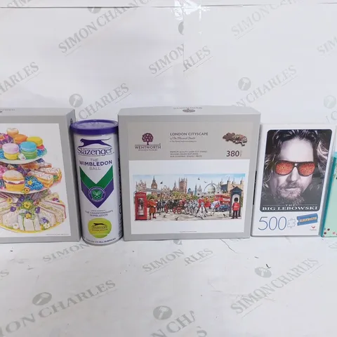 BOX OF APPROX 20 ASSORTED TOYS TO INCLUDE - WENTWORTH WOODED PUZZEL LONDON CITYSCAPE - SLAZENGER WIMBLEDON TENNIS BALLS - THE BIG LEBOWSKI PUZZEL 500 PEICE ECT