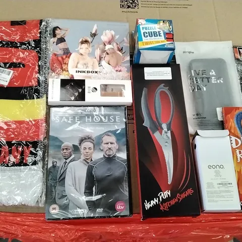 PALLET OF ASSORTED ITEMS INCLUDING EONO STAPLER, SAFE HOUSE DVD, INBOX TEMPORARILY TATTOOS, PHONE CASE, GERMANY SCARF, KITCHEN SHEARS