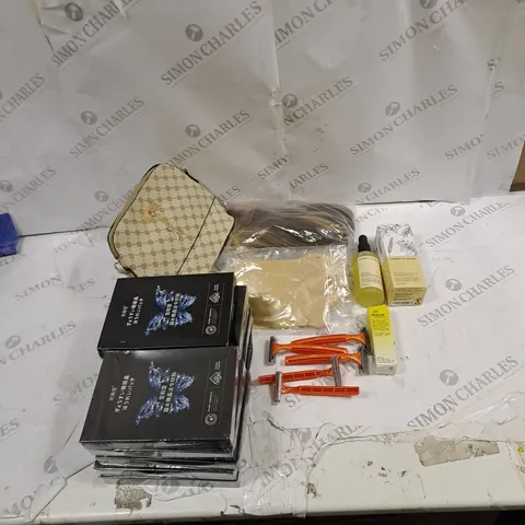 BOX OF APPROXIMATLY 20 ITEMS TO INCLUDE RAZORS, MAKEUP BAG, HAIR OIL