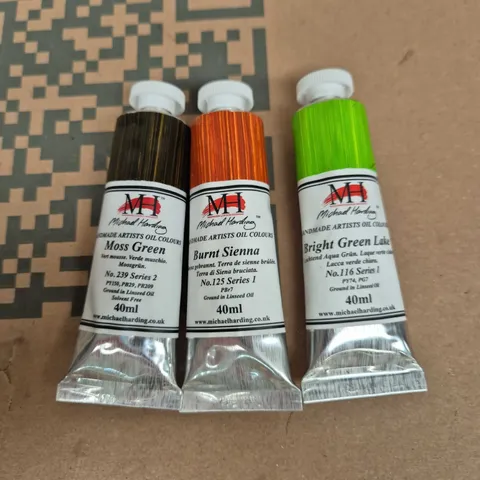MICHAEL HARDING HANDMADE ARTISTS' OIL COLOUR TUBES – MOSS GREEN, BURNT SIENNA & BRIGHT GREEN LAKE (40ML) - 3 TUBES