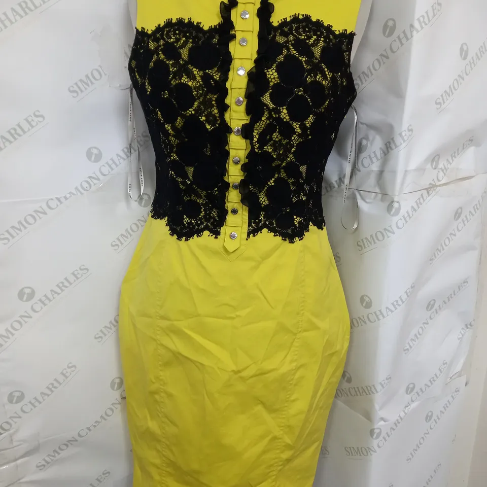 KAREN MILLEN TAILORED SLEEVELESS LACE DETAIL MINI DRESS IN YELLOW AND BLACK SIZE 12