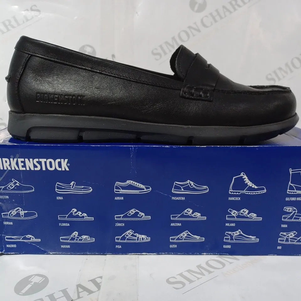 BOXED PAIR OF BIRKENSTOCK LOAFERS IN BLACK EU SIZE 41