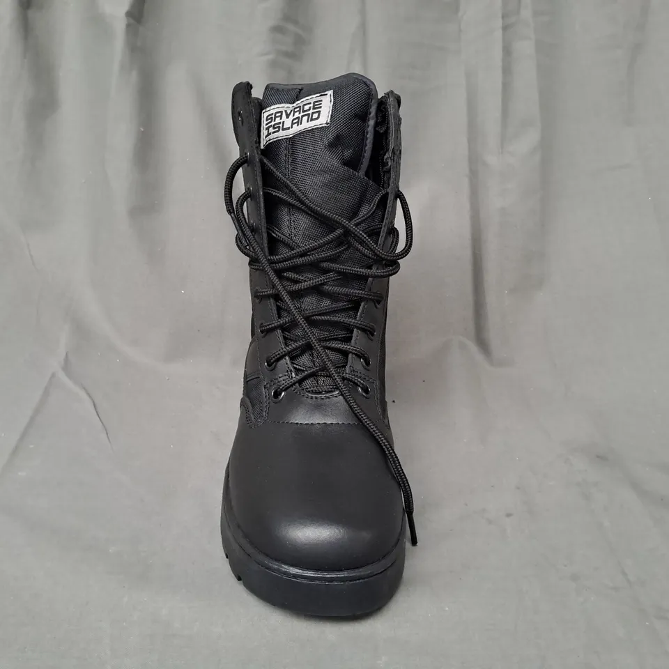 BOXED PAIR OF SAVAGE ISLAND BOOTS IN BLACK UK SIZE 5