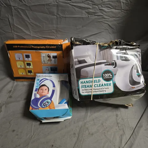 BOX OF APPROXIMATELY 10 ASSORTED HOUSEHOLD ITEMS INCLUDING HANDHELD STEAM CLEANER, KIDS HEADPHONES AND LED PROFESSIONAL PHOTOGRAPHY FILL LIGHT