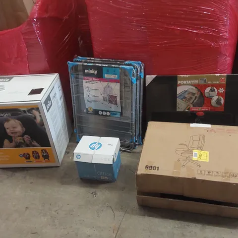 PALLET OF ASSORTED ITEMS TO INCLUDE: JOIE BABY CHAIR, OFFICE CHAIR, MINKY 3 TIER AIRERS, PUZZLE MATS ECT