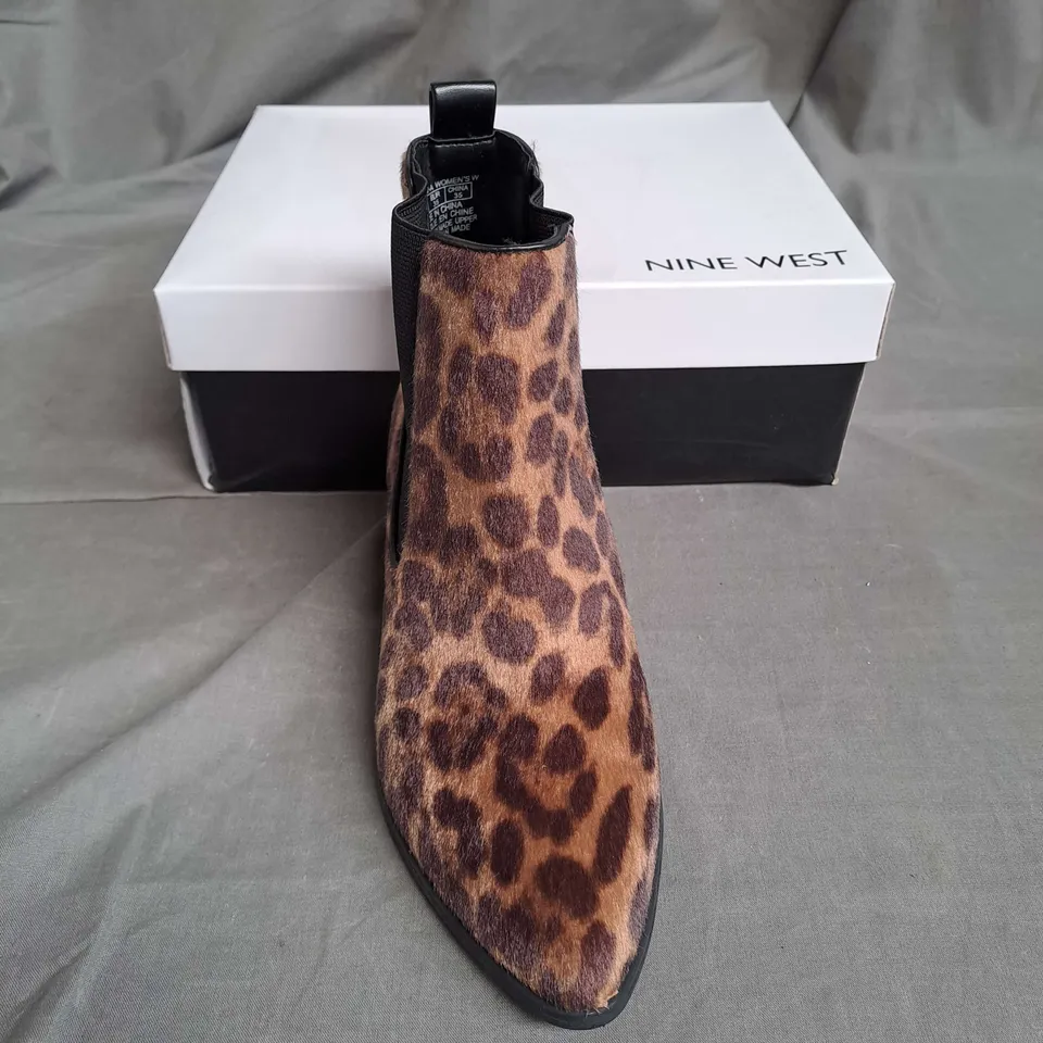 BOXED PAIR OF NINE WEST SYNTHETIC ANKLE BOOTS IN LEOPARD SIZE EU 35