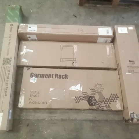 PALLET OF ASSORTED ITEMS INCLUDING TIMBER RIDGE FOLDING TABLE, GARMENT RACK, ARTIFICAL IVY PRIVACY FENCE, SEKEY 2.7M WOOD GRAIN PARASOL, CLOTHES RACK, AIR COOLER