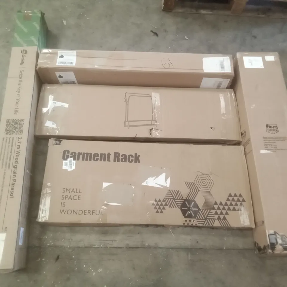 PALLET OF ASSORTED ITEMS INCLUDING TIMBER RIDGE FOLDING TABLE, GARMENT RACK, ARTIFICAL IVY PRIVACY FENCE, SEKEY 2.7M WOOD GRAIN PARASOL, CLOTHES RACK, AIR COOLER 