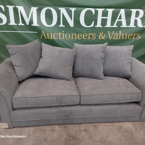DESIGNER THREE SEATER SOFA WITH SCATTER CUSHIONS GREY FABRIC