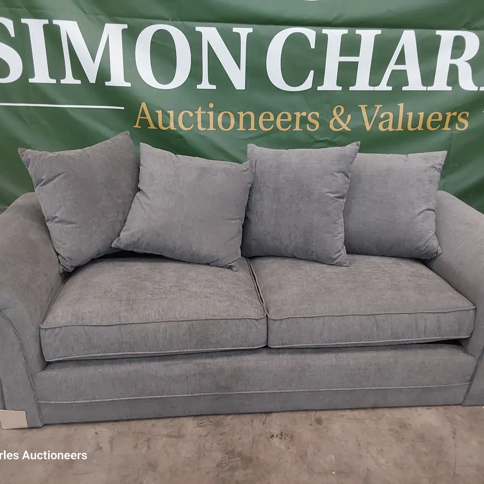 DESIGNER THREE SEATER SOFA WITH SCATTER CUSHIONS GREY FABRIC 