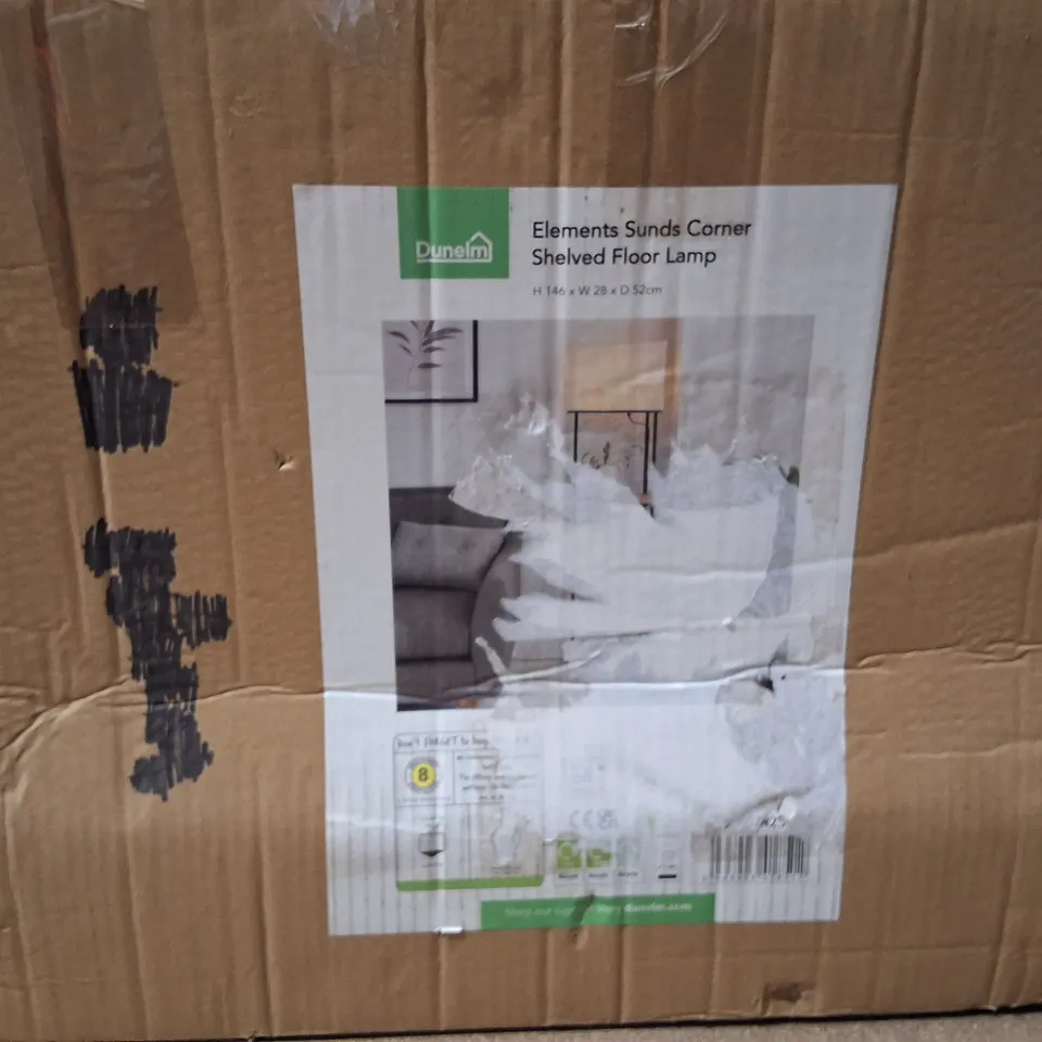 BOXED DUNELM ELEMENTS CORNER SHELVED FLOOR LAMP – LIGHT WOOD,