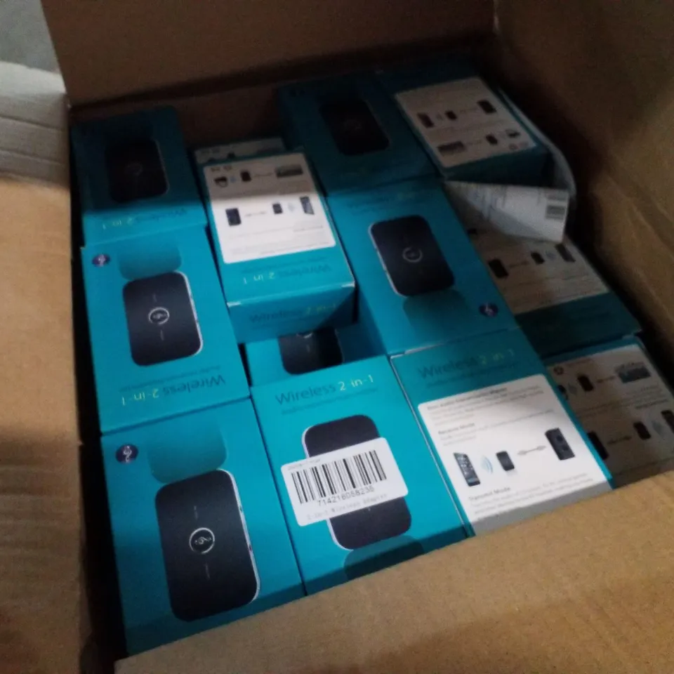 BOX CONTAINING APPROXIMATELY 20 WIRELESS 2-IN-1 AUDIO RECEIVER/TRANSMITTER