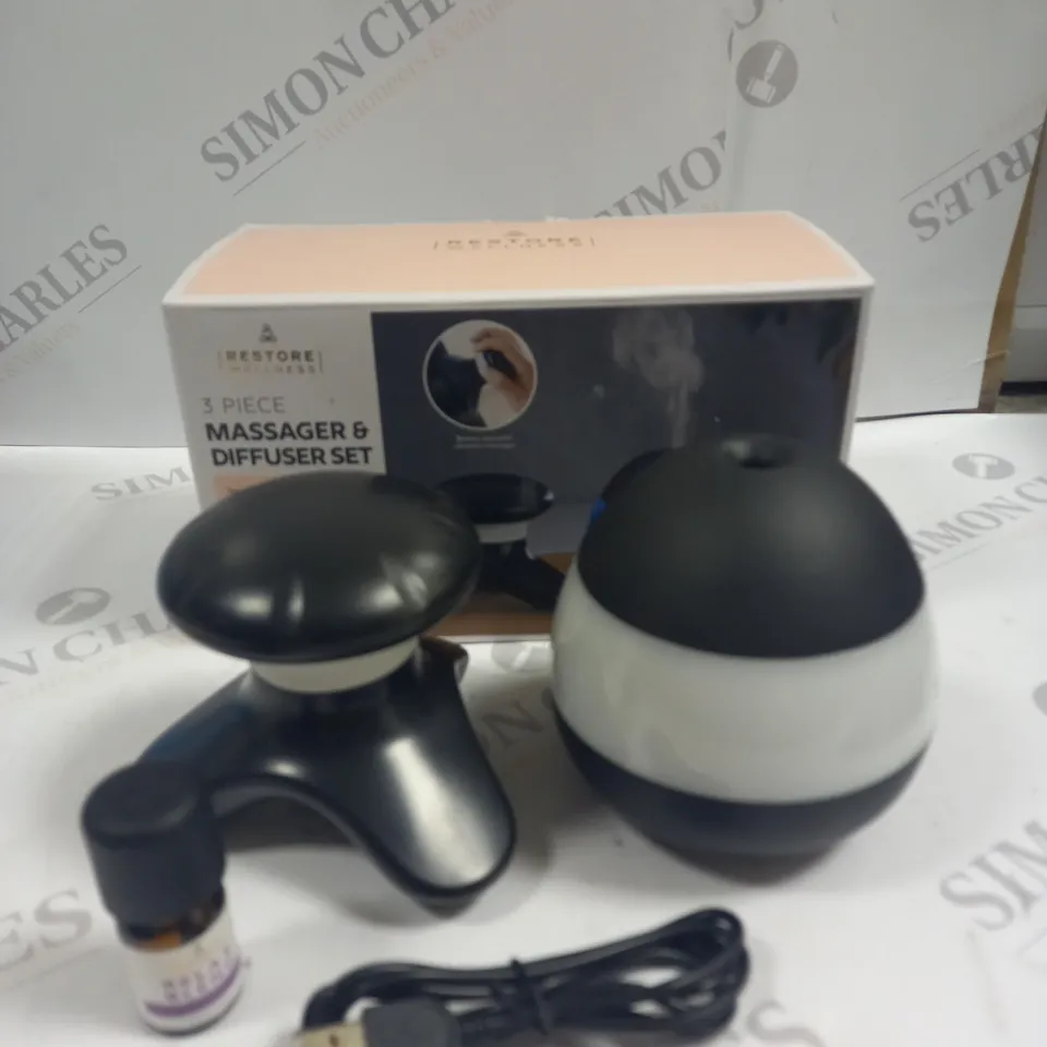 BOXED RESTORE WELLNESS 3 PIECE MASSAGER & DIFFUSER SET 